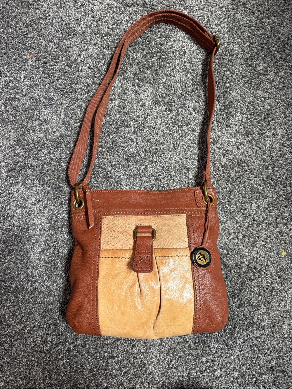 The Sak Kendra Leather Crossbody Bag Medium Shoulder Purse - Brown and Tan Color